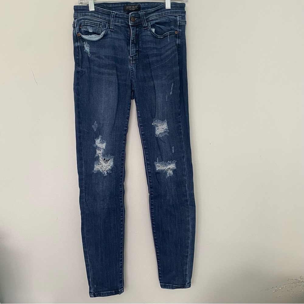 Judy Blue Jeans Women 5/27 Blue Mid Rise JB82214DK Stretch Distressed Skinny Fit